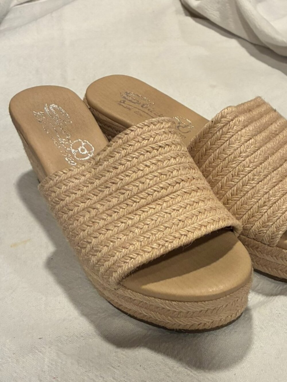 Sbicca Platform Espadrille Wedge Slide Sandals Natural Tan Braided Strap Summer